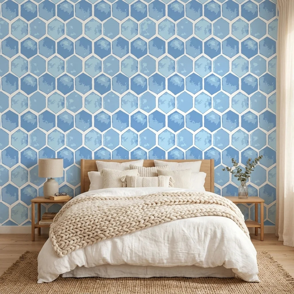 Hive Blue watercolor geometric peel and stick wallpaper in a warm and inviting living room