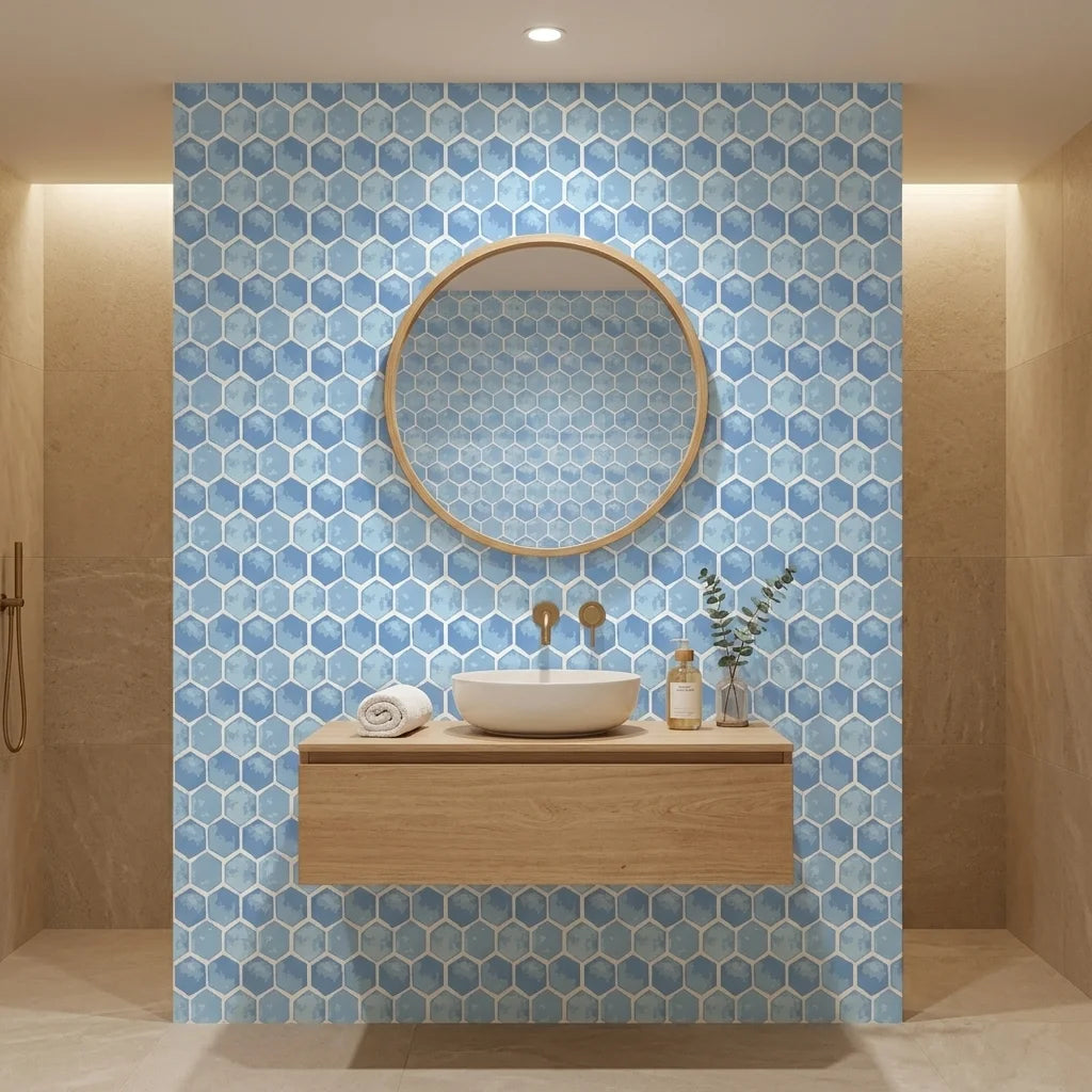 Hive Blue watercolor geometric peel and stick wallpaper adding character to a cozy bedroom