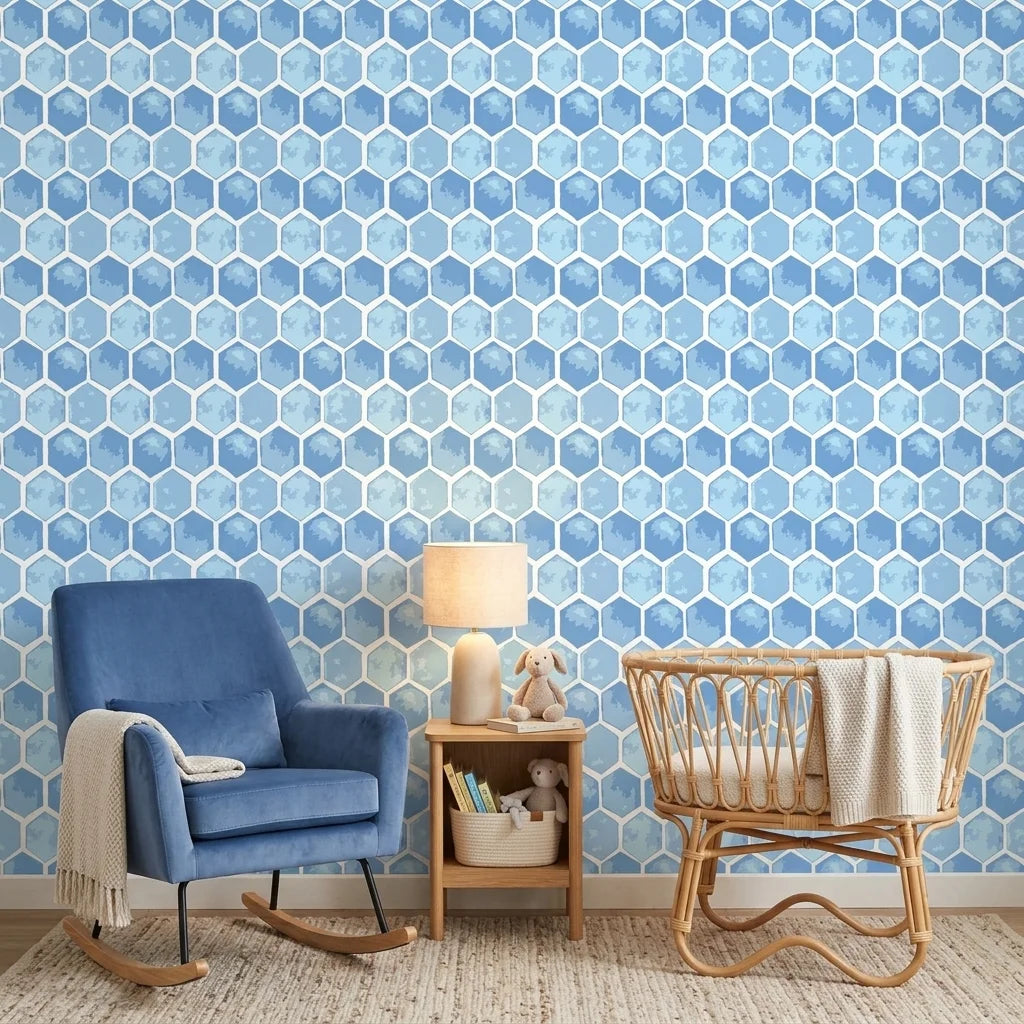 Hive Blue watercolor geometric peel and stick wallpaper as a feature wall in a bright home office