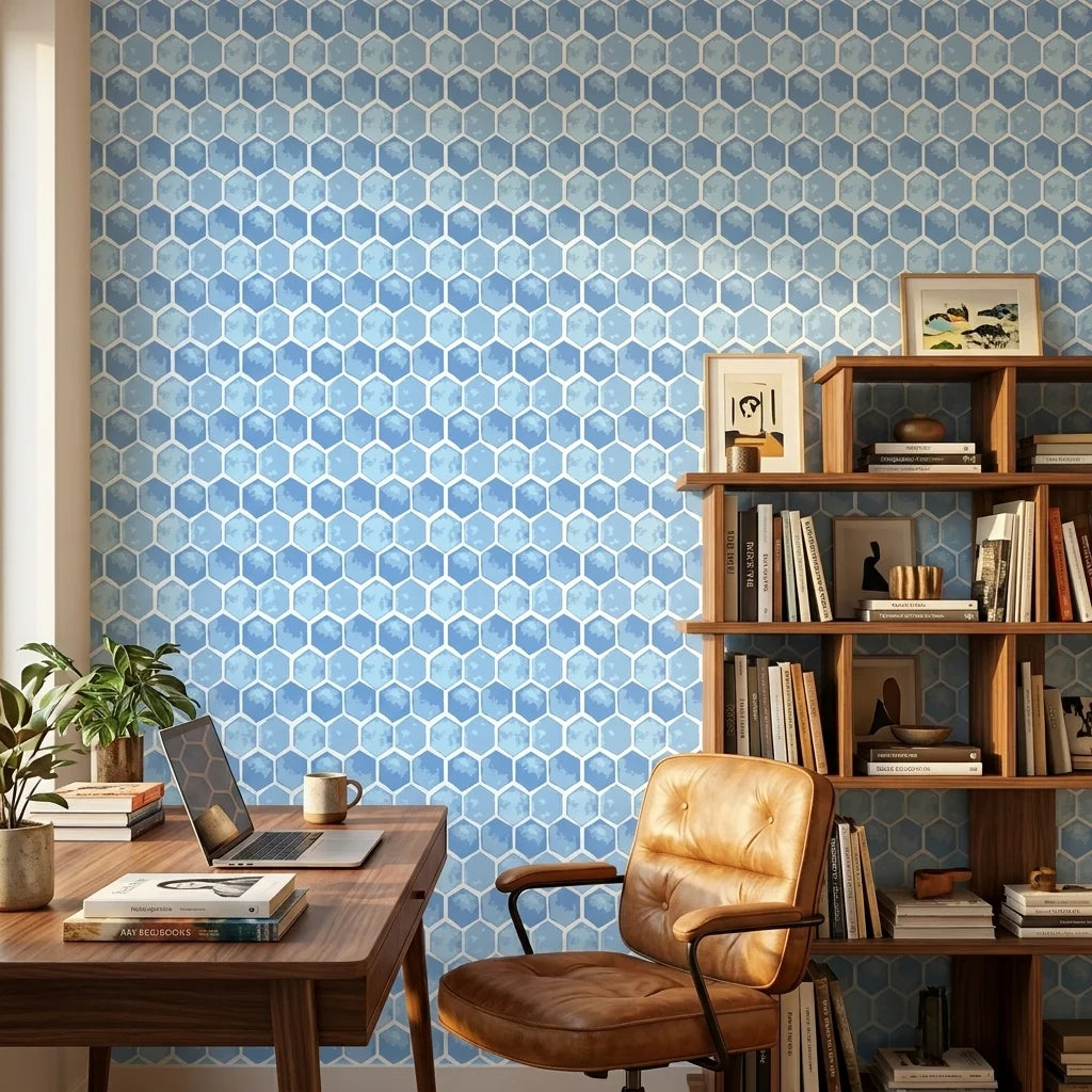Hive Blue watercolor geometric peel and stick wallpaper creating ambiance in a serene bathroom