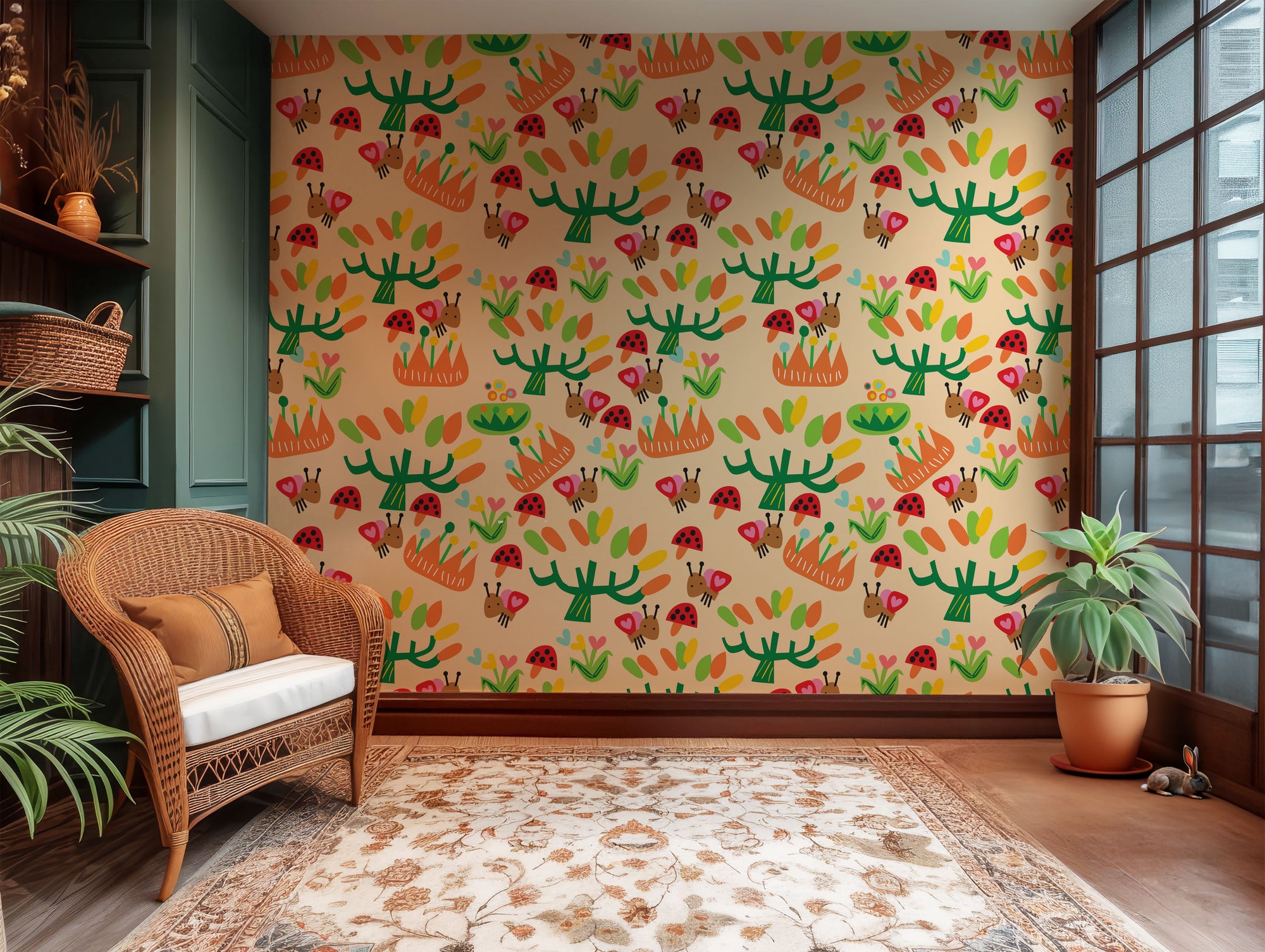 Blossoming patterned wallpaper with an amber and gold color palette