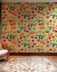 Blossoming patterned wallpaper with an amber and gold color palette