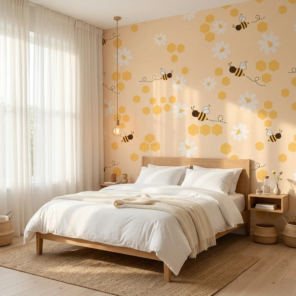 Honey Blooms yellow bumblebee and honeycomb wallpaper adding character to a cozy bedroom