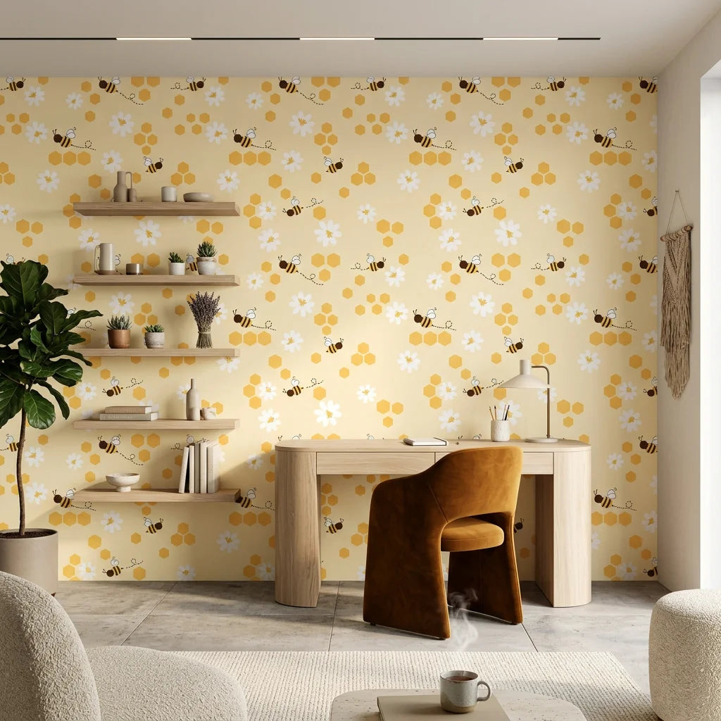 Honey Blooms yellow bumblebee and honeycomb wallpaper as a feature wall in a bright home office