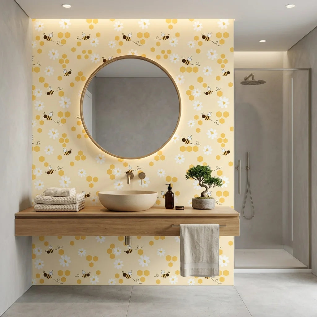 Honey Blooms yellow bumblebee and honeycomb wallpaper creating ambiance in a serene bathroom
