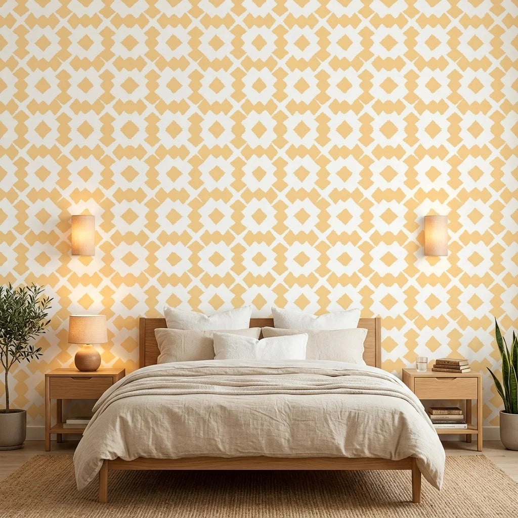 Honey Ikat golden geometric peel and stick wallpaper adding character to a cozy bedroom