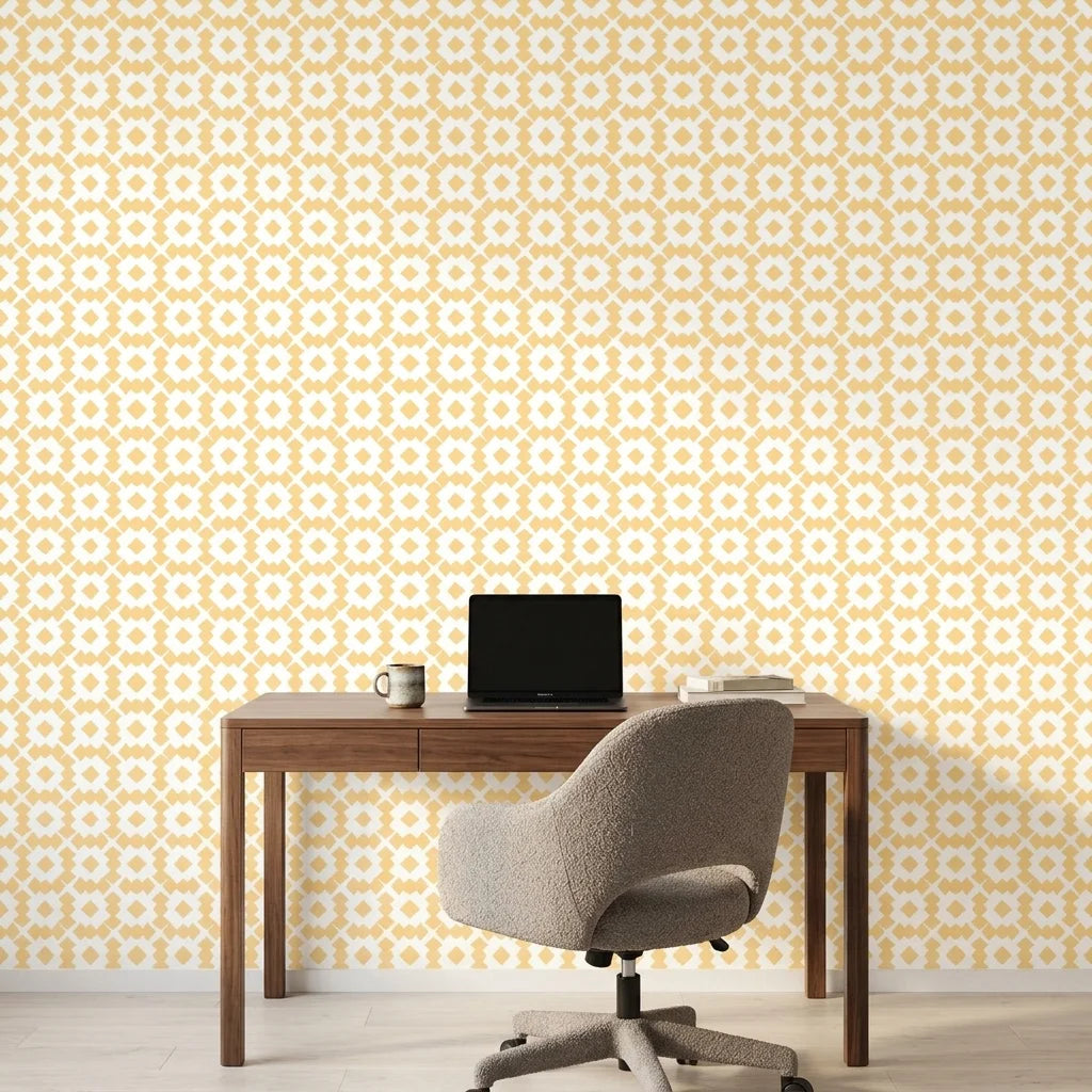 Honey Ikat golden geometric peel and stick wallpaper as a feature wall in a bright home office