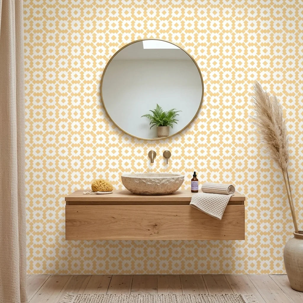 Honey Ikat golden geometric peel and stick wallpaper creating ambiance in a serene bathroom