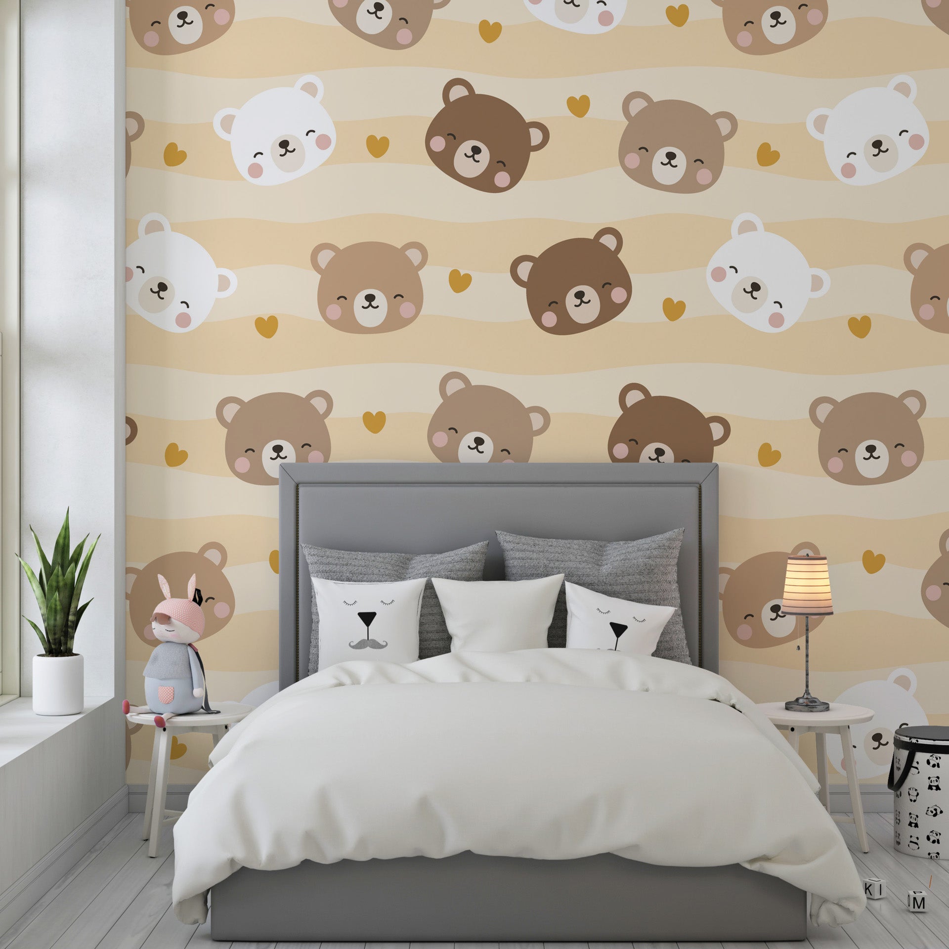 Adorable brown and white bear face pattern on self-adhesive wall covering - Honey Smiles
