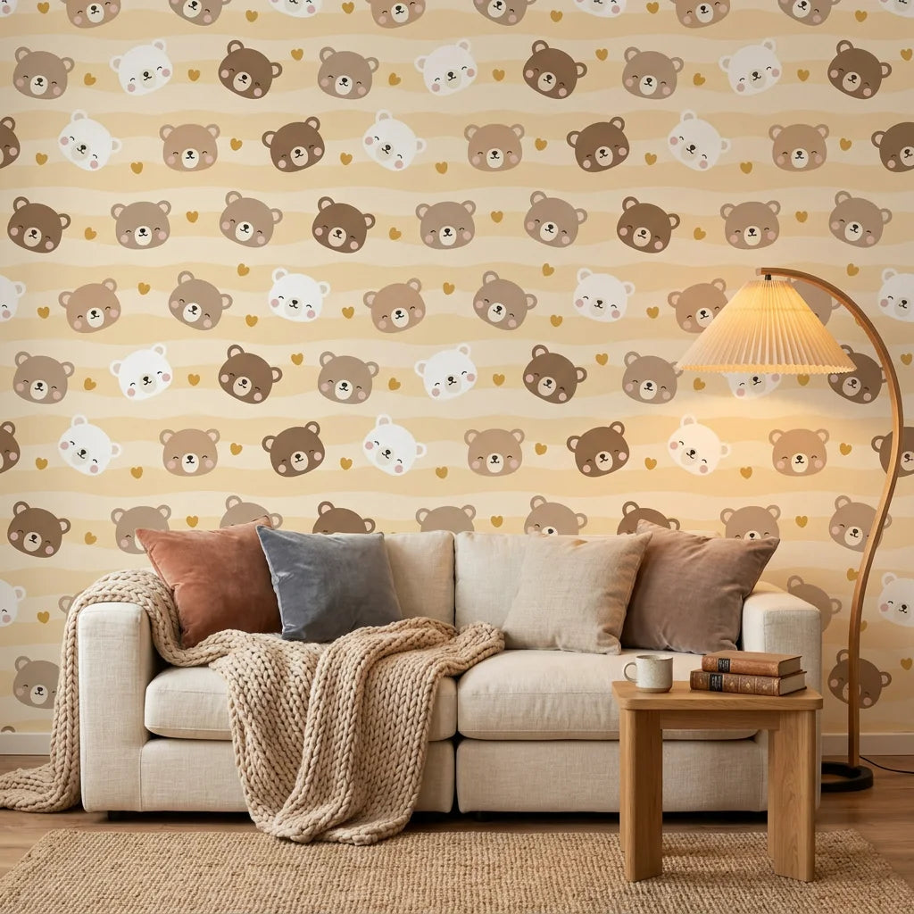 Honey Smiles yellow striped cute bear face wallpaper in a warm and inviting living room