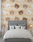 Adorable brown and white bear face pattern on self-adhesive wall covering - Honey Smiles