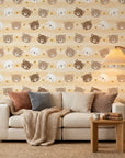 Honey Smiles yellow striped cute bear face wallpaper in a warm and inviting living room