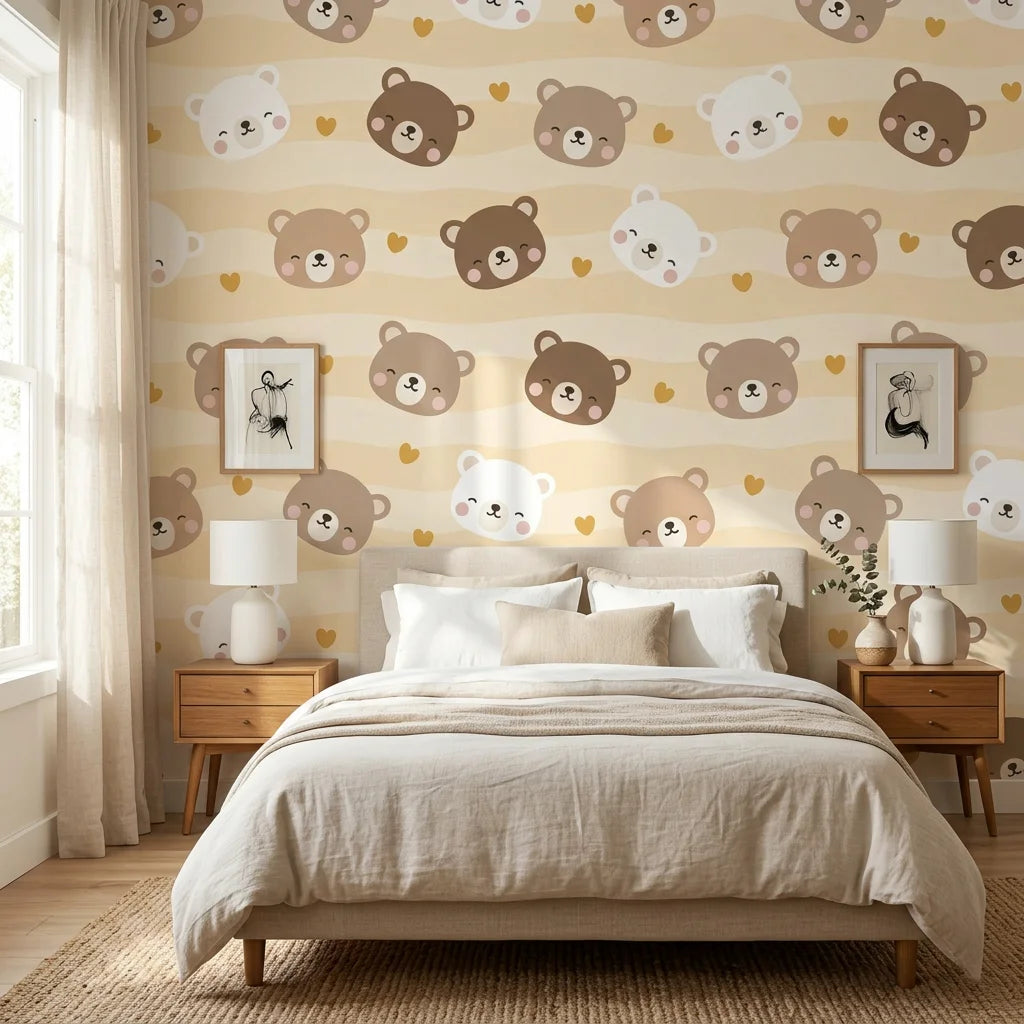Honey Smiles yellow striped cute bear face wallpaper adding character to a cozy bedroom