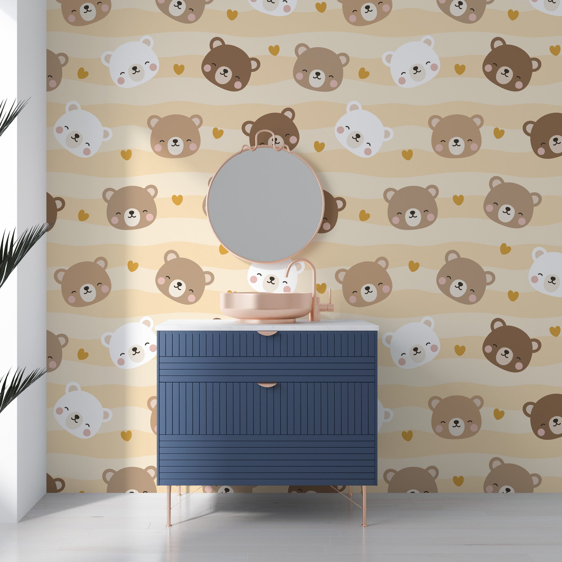Removable wall mural featuring a repeating sequence of brown and white bear heads - Honey Smiles