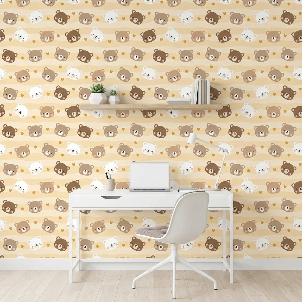 Honey Smiles yellow striped cute bear face wallpaper as a feature wall in a bright home office