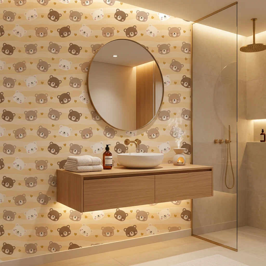 Honey Smiles yellow striped cute bear face wallpaper creating ambiance in a serene bathroom