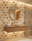 Honey Smiles yellow striped cute bear face wallpaper creating ambiance in a serene bathroom