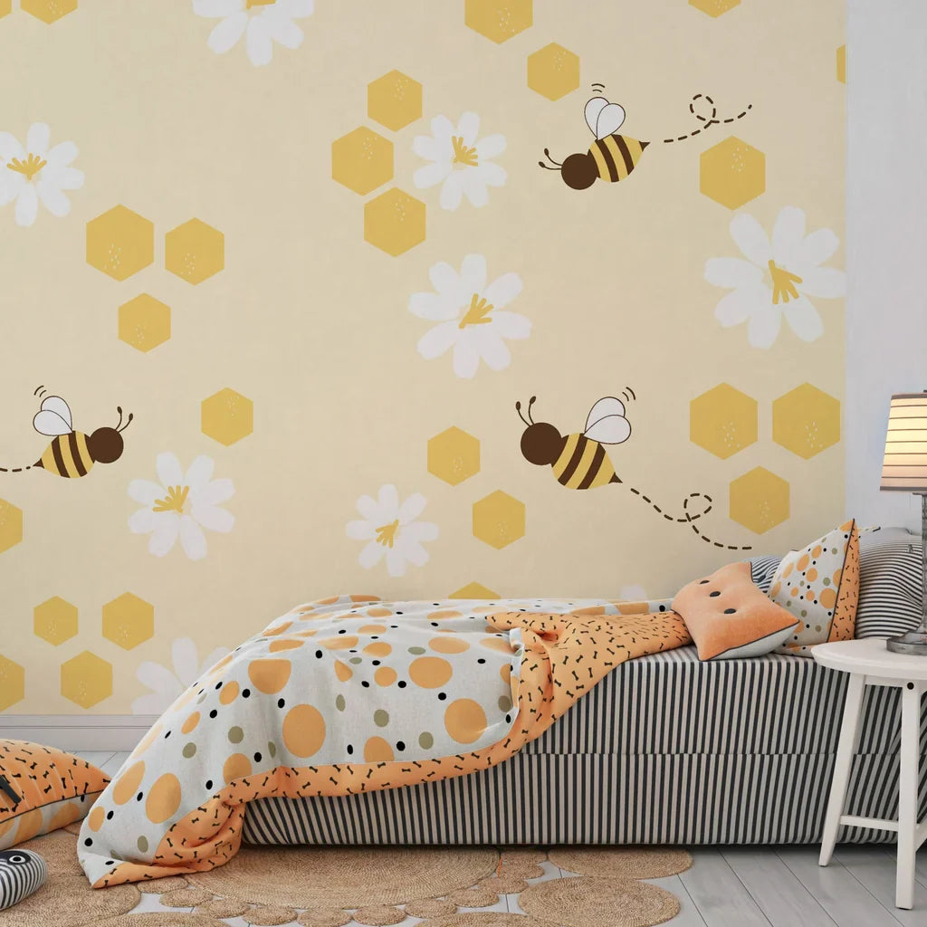 Removable wallpaper featuring yellow bees, beehive shapes, and botanical blooms - Honey Blooms