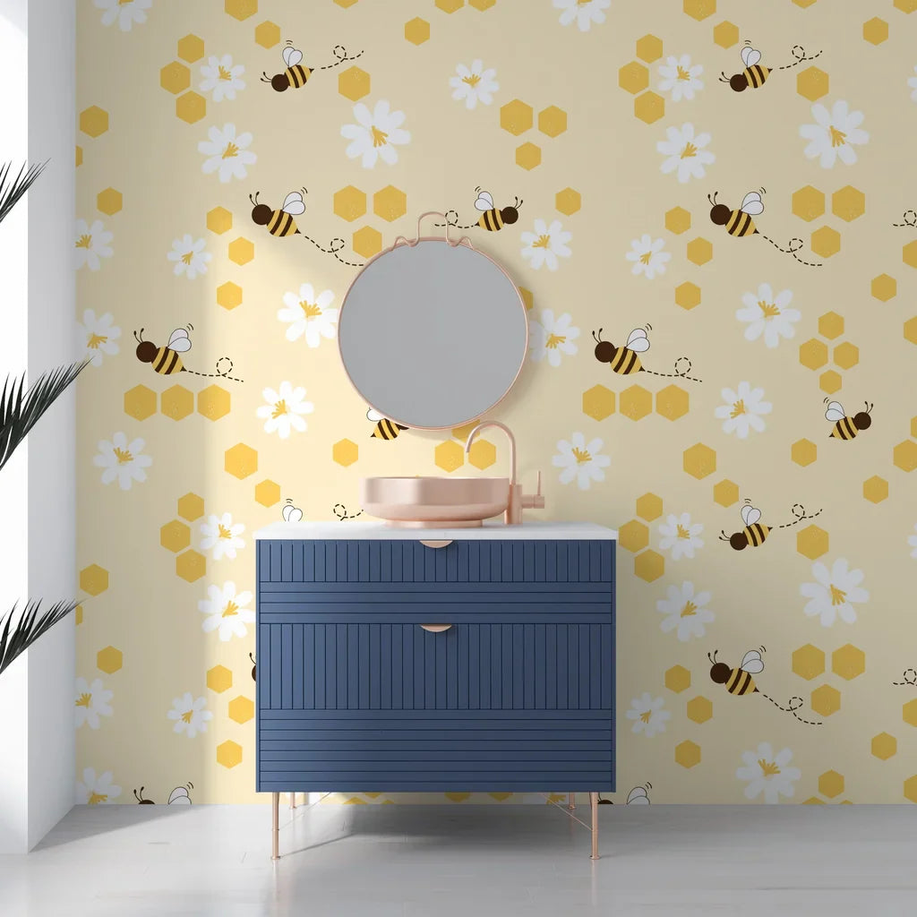 A vibrant yellow pattern of buzzing bees and nectar-rich flowers on a honeycomb backdrop for walls - Honey Blooms