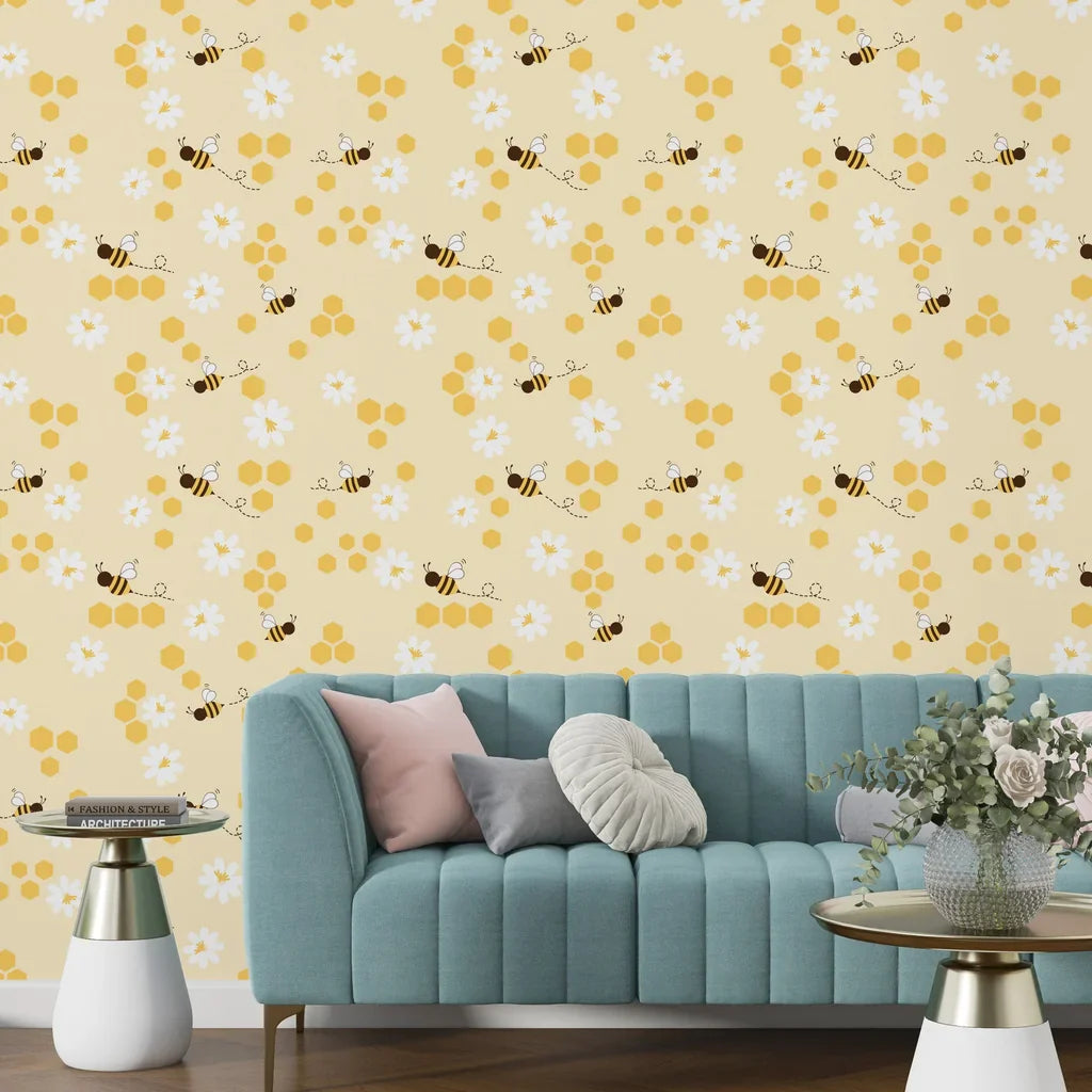 Vintage-style bumblebees and geometric honeycomb lattices paired with blossoms on adhesive vinyl - Honey Blooms