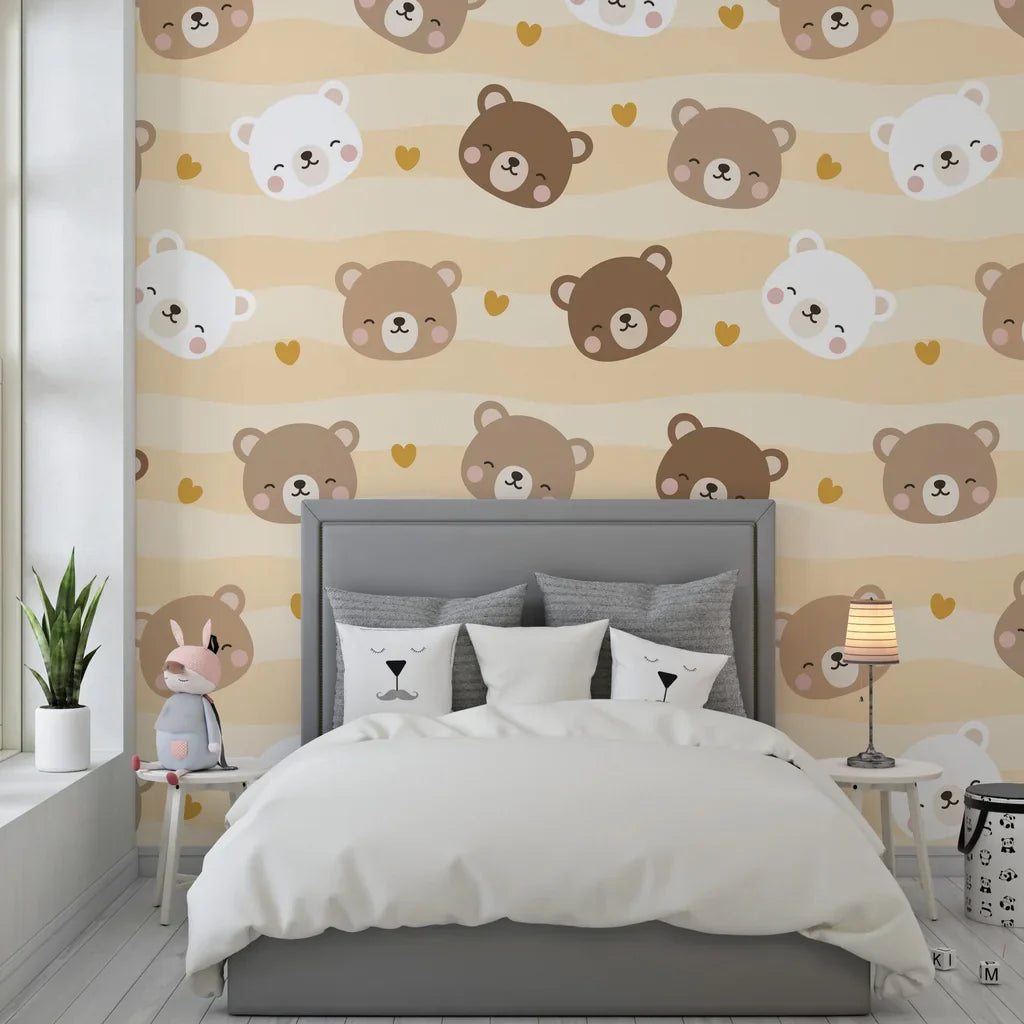Adorable brown and white bear face pattern on self-adhesive wall covering - Honey Smiles