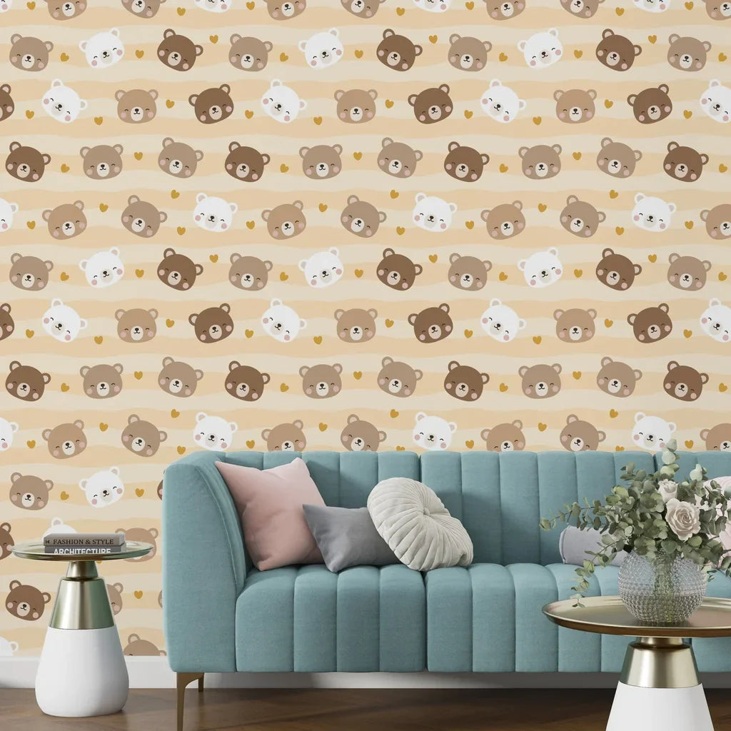 Minimalist illustrated bear faces on easy-apply vinyl wallpaper - Honey Smiles