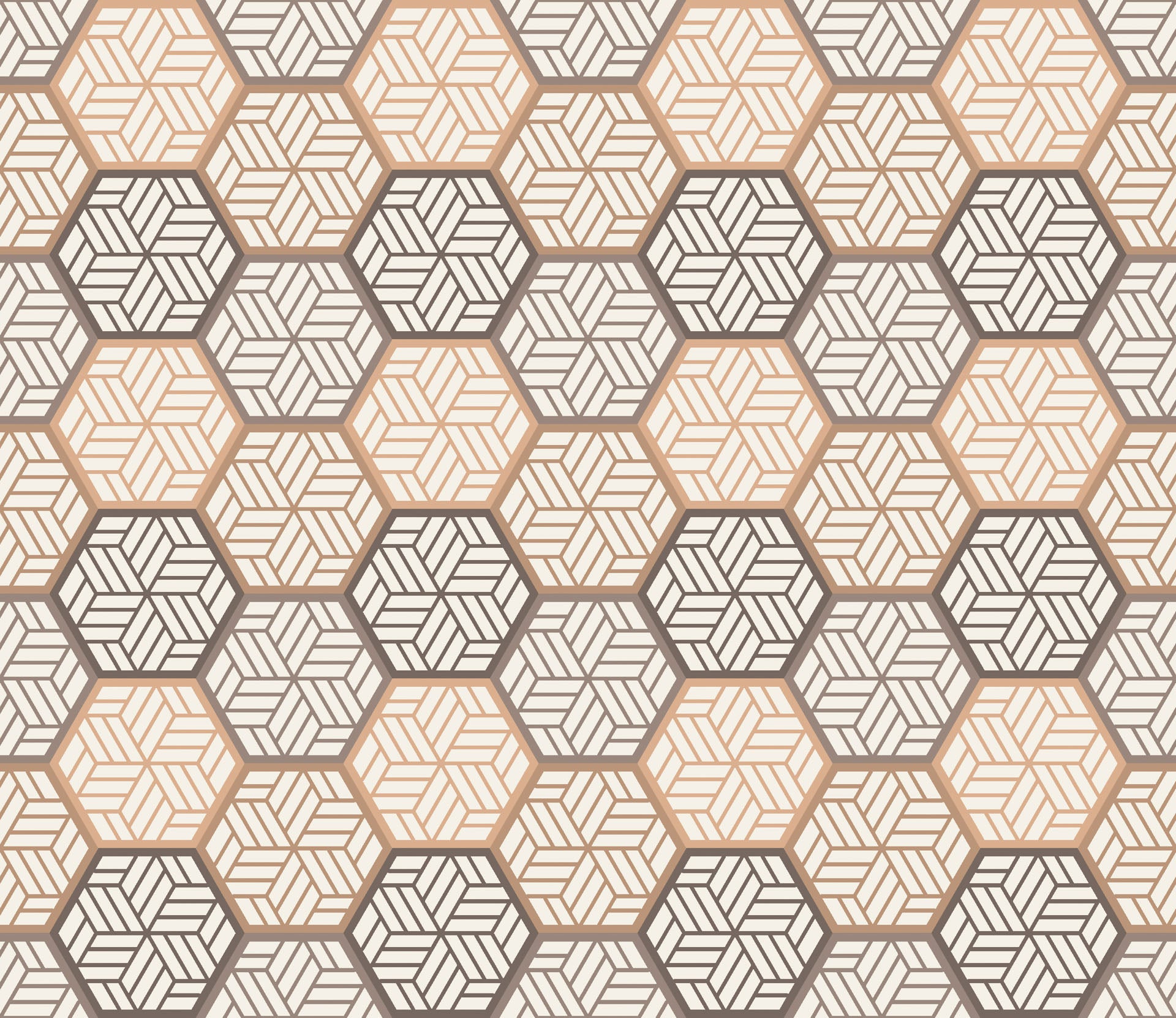 Honeycomb Drift, a peel and stick wallpaper featuring a geometric hexagon pattern in beige and brown tones