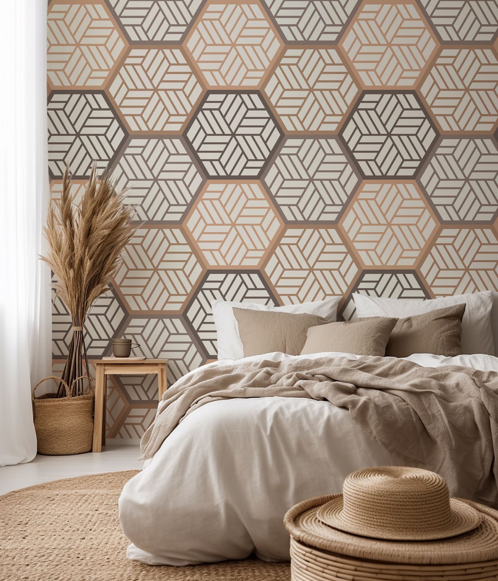 Beige and brown peel and stick wallpaper featuring a geometric hexagon tile design