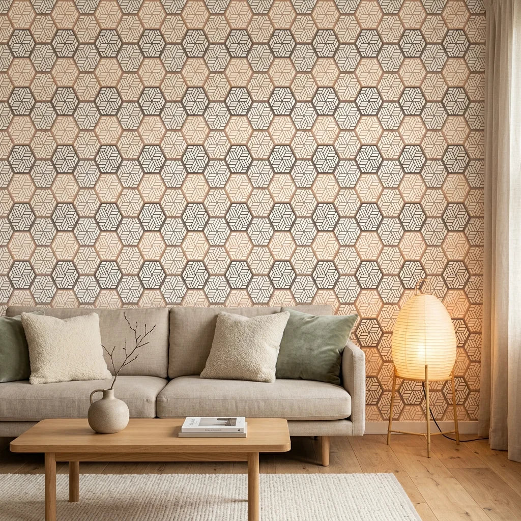 Honeycomb Drift beige and brown geometric hexagon tile wallpaper in a warm and inviting living room