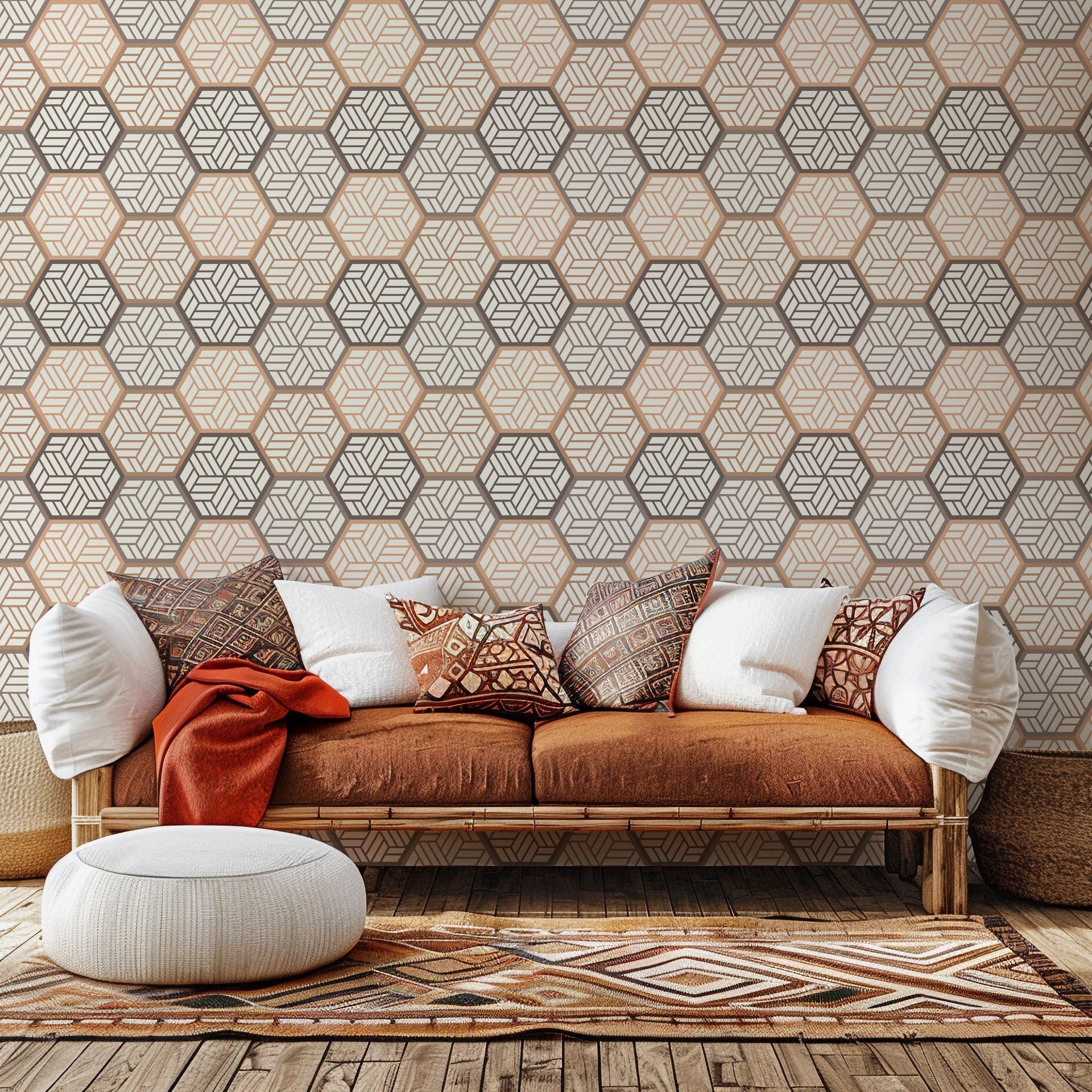 Self-adhesive wallpaper featuring a faux beige and brown geometric hexagon tile pattern, named Honeycomb Drift