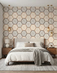 Honeycomb Drift beige and brown geometric hexagon tile wallpaper adding character to a cozy bedroom