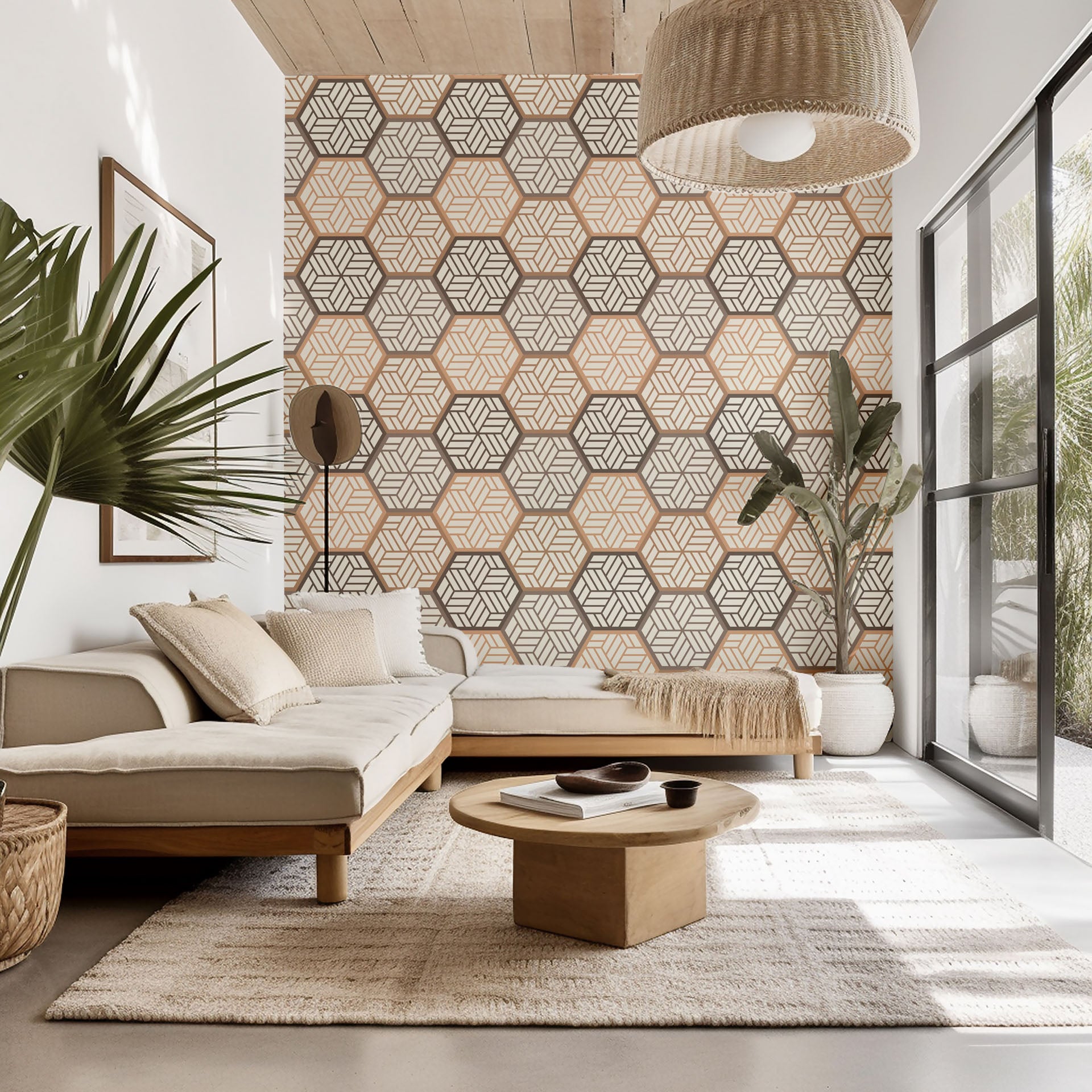 Beige and brown peel and stick wallpaper featuring a geometric honeycomb hexagon tile pattern - Honeycomb Drift