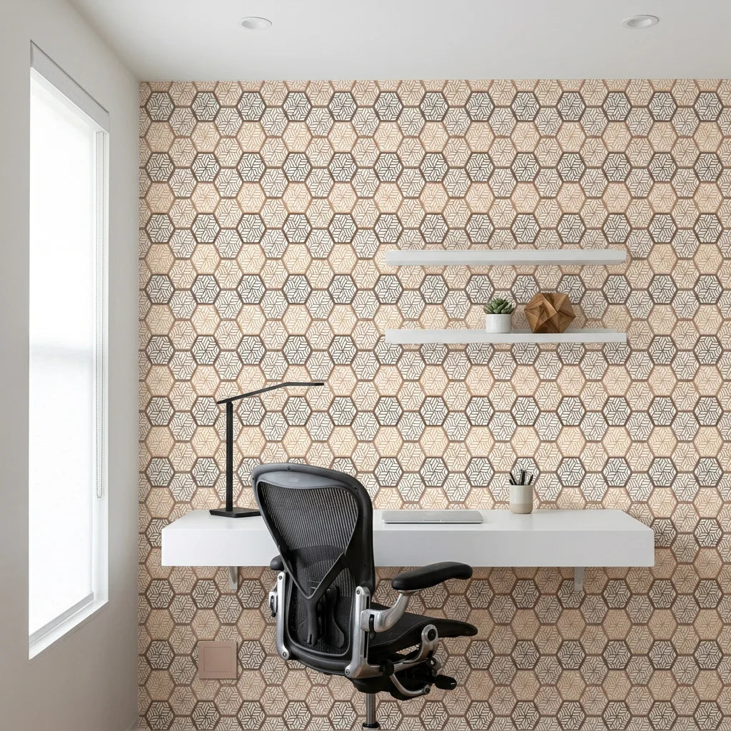 Honeycomb Drift beige and brown geometric hexagon tile wallpaper as a feature wall in a bright home office