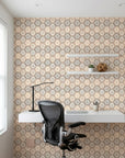 Honeycomb Drift beige and brown geometric hexagon tile wallpaper as a feature wall in a bright home office