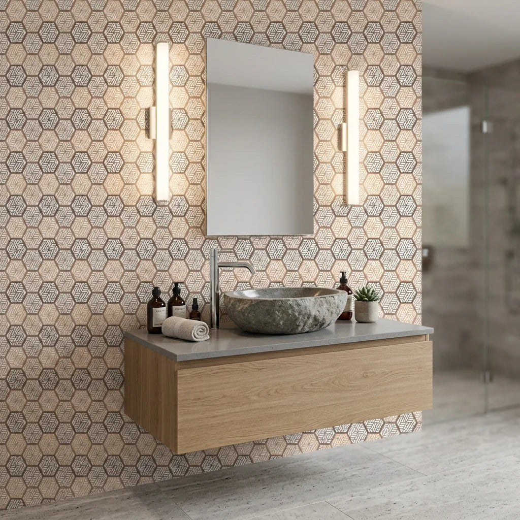 Honeycomb Drift beige and brown geometric hexagon tile wallpaper creating ambiance in a serene bathroom