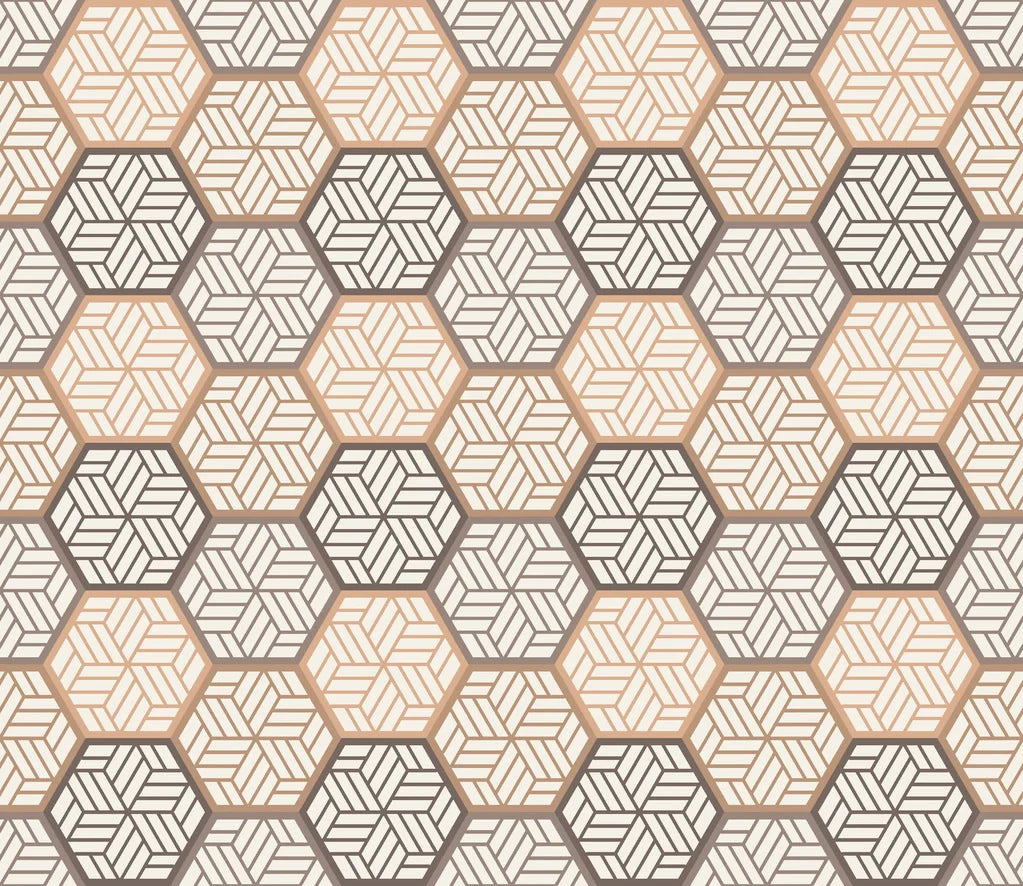 Honeycomb Drift, a peel and stick wallpaper featuring a geometric hexagon pattern in beige and brown tones