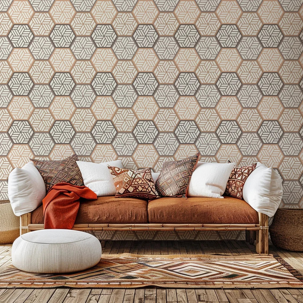 Self-adhesive wallpaper featuring a faux beige and brown geometric hexagon tile pattern, named Honeycomb Drift