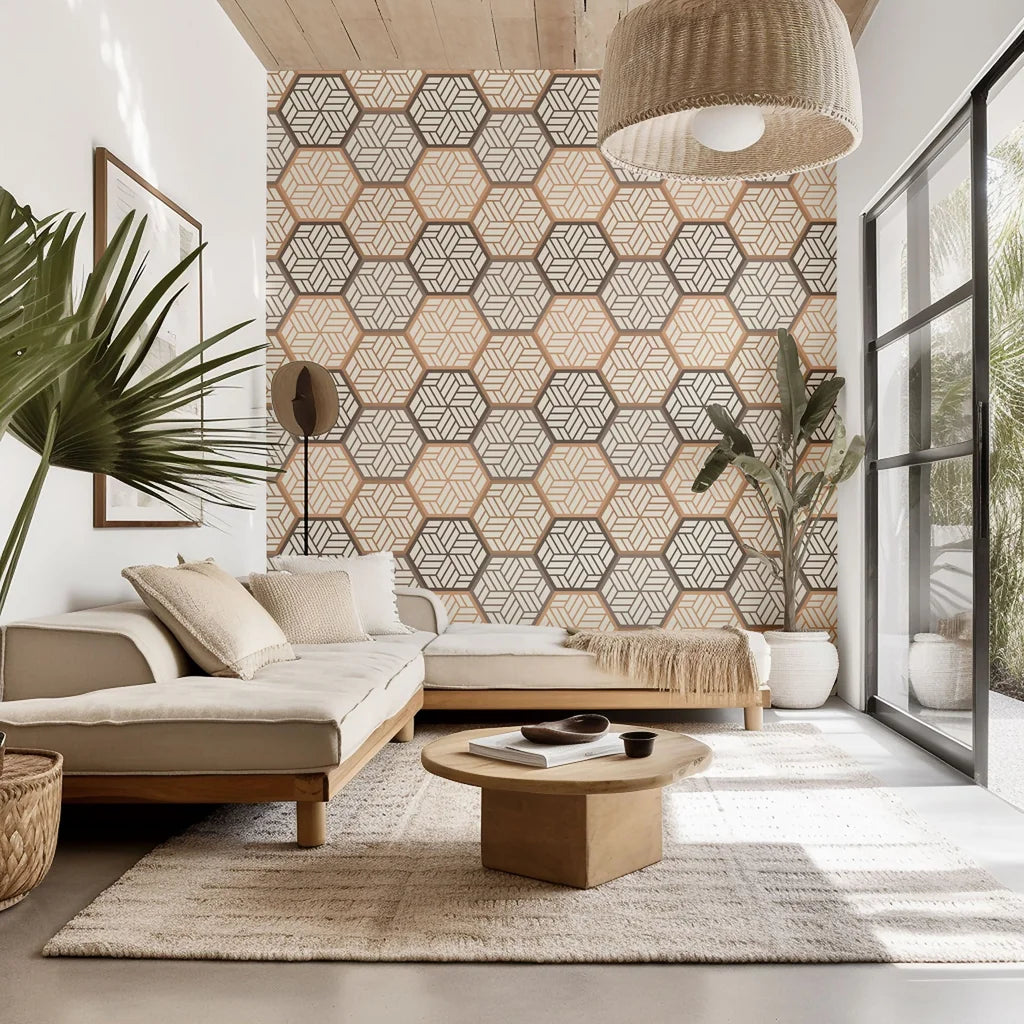 Beige and brown peel and stick wallpaper featuring a geometric honeycomb hexagon tile pattern - Honeycomb Drift