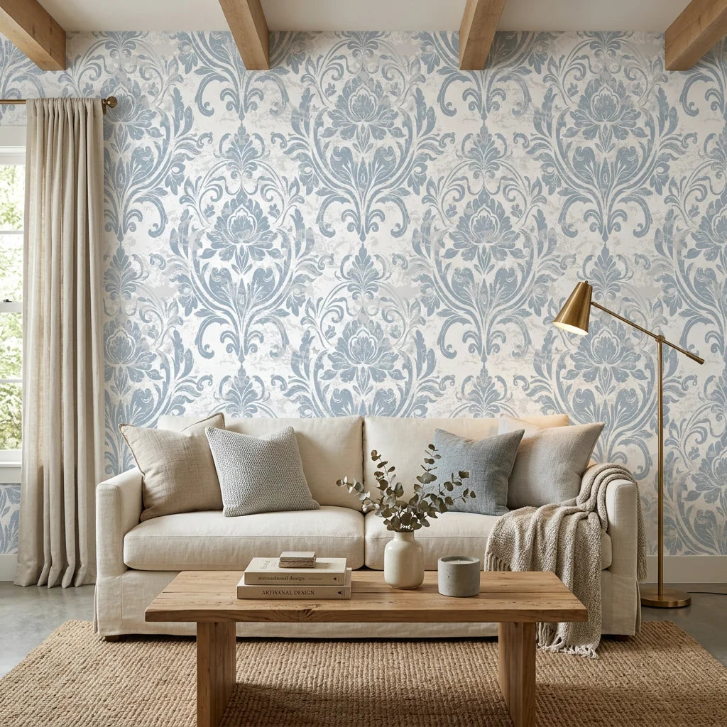 Honeyed Petal Mural dusty blue damask wallpaper in a warm and inviting living room