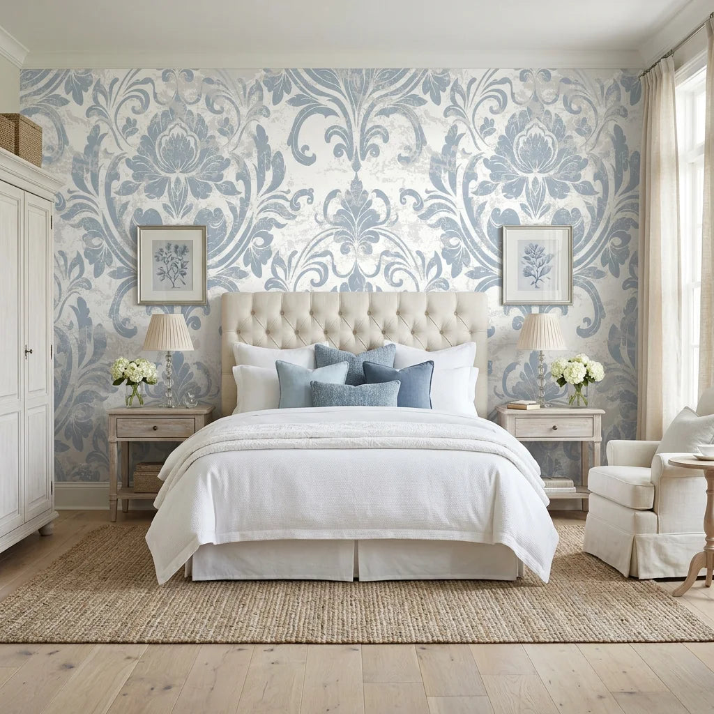 Honeyed Petal Mural dusty blue damask wallpaper adding character to a cozy bedroom