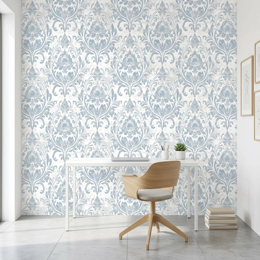 Honeyed Petal Mural dusty blue damask wallpaper as a feature wall in a bright home office