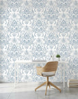 Honeyed Petal Mural dusty blue damask wallpaper as a feature wall in a bright home office