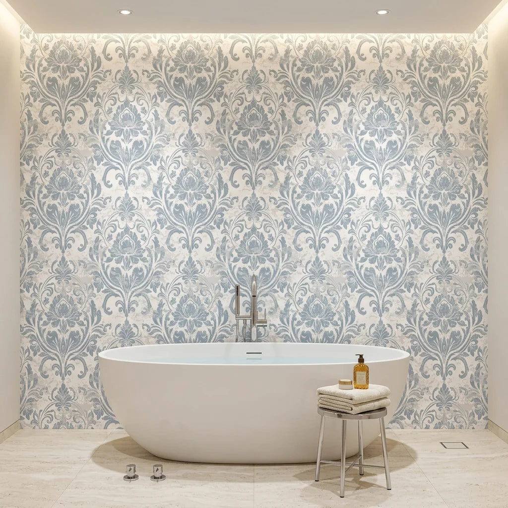 Honeyed Petal Mural dusty blue damask wallpaper creating ambiance in a serene bathroom