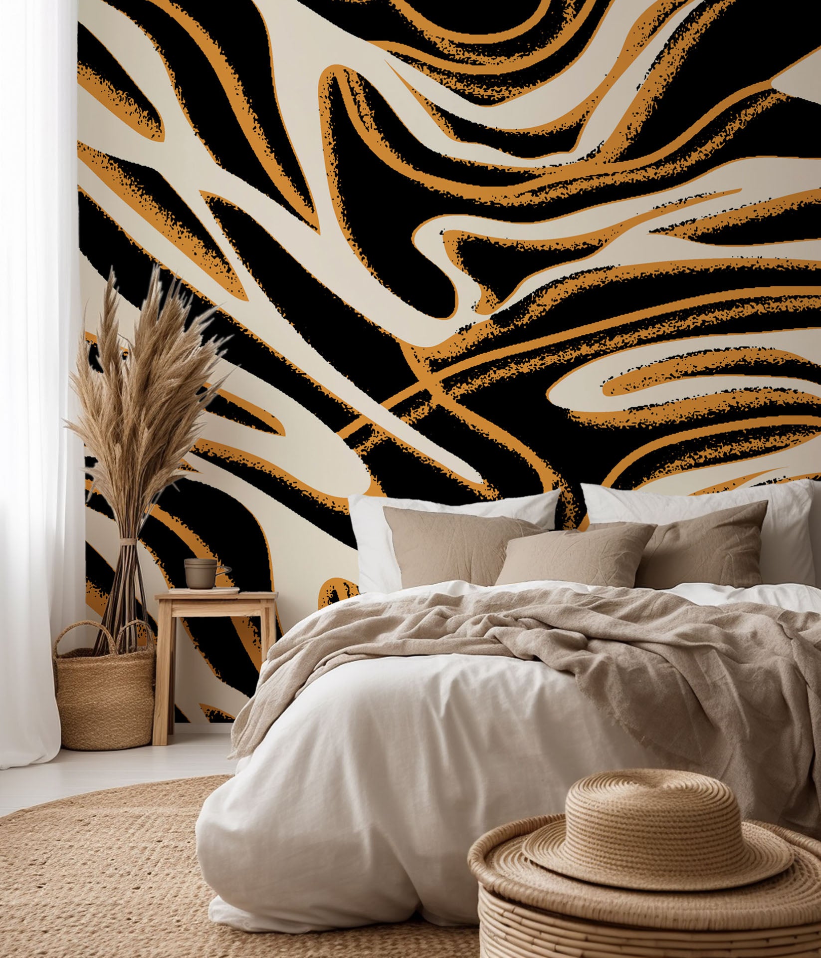 Self-adhesive wallcovering featuring an abstract black, white, and gold marble pattern, titled Honeyed Strata