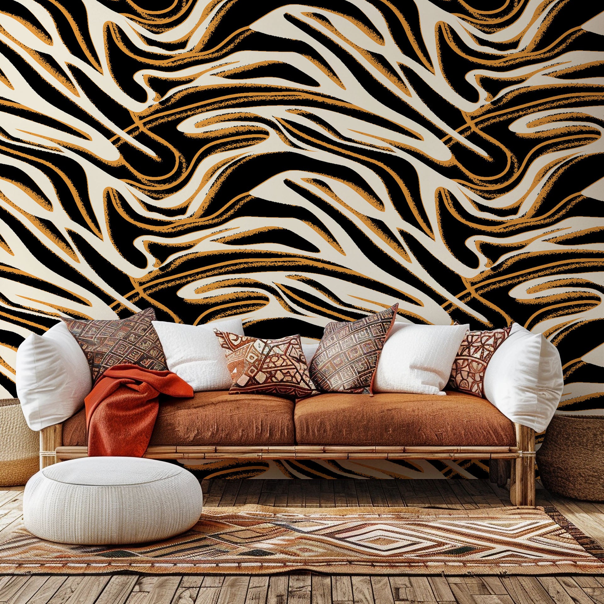 Self-adhesive wallpaper featuring an abstract design of black, white, and golden marble veins (Honeyed Strata)