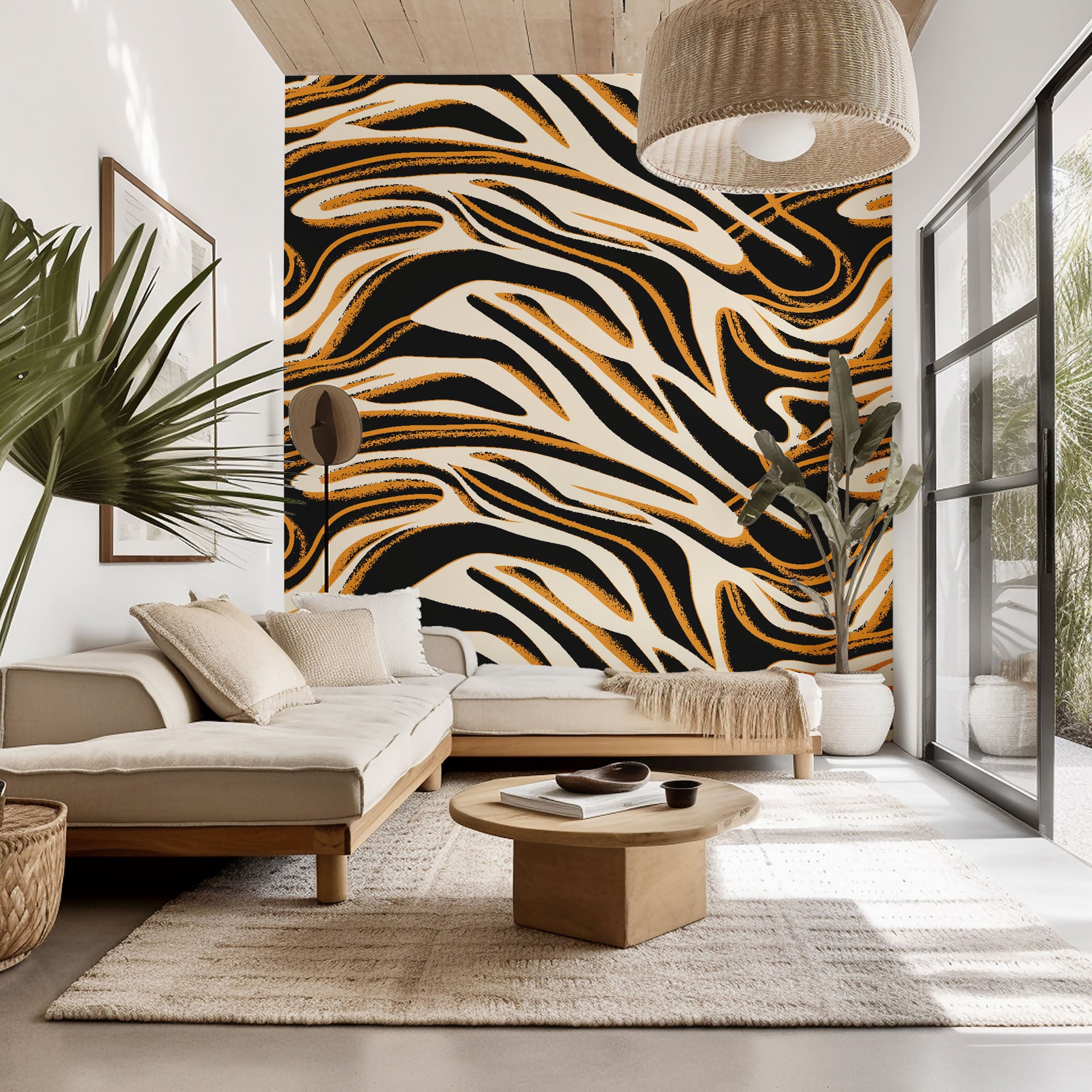 Self-adhesive removable wallpaper featuring an abstract gold, black, and white marble design (Honeyed Strata)
