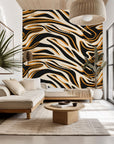 Self-adhesive removable wallpaper featuring an abstract gold, black, and white marble design (Honeyed Strata)