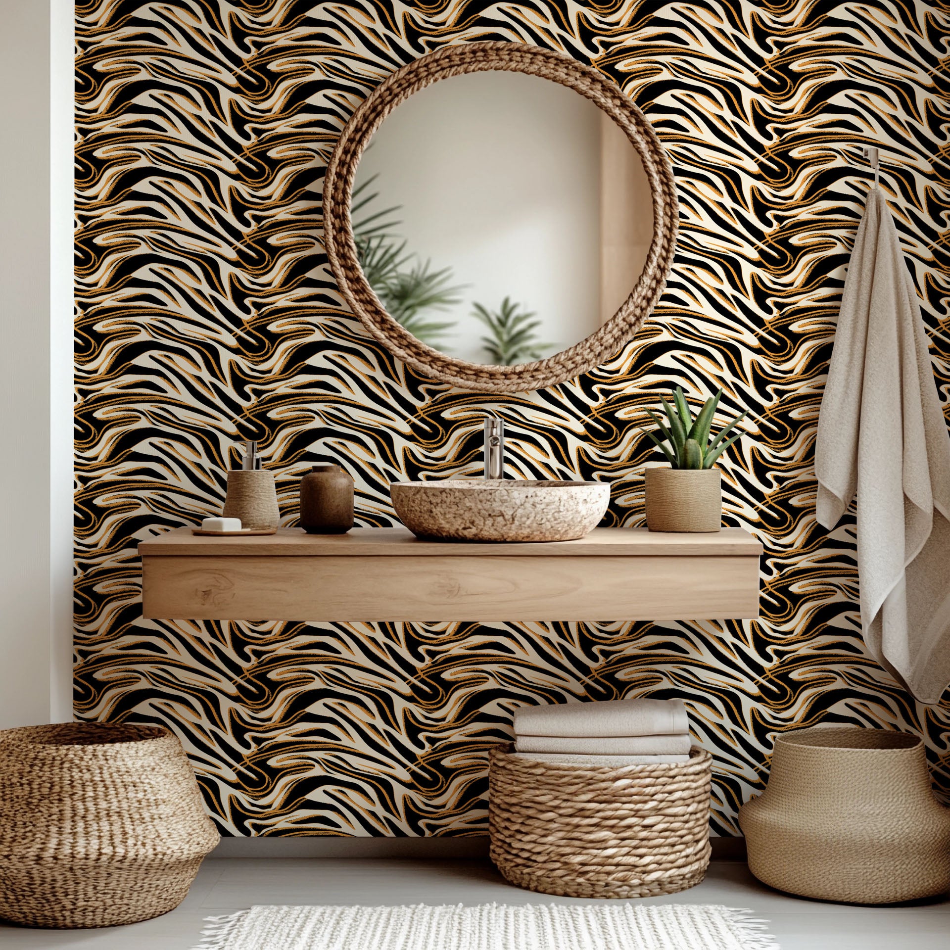 Self-adhesive wallpaper featuring an abstract design of black, white, and metallic gold marble patterning, called Honeyed Strata