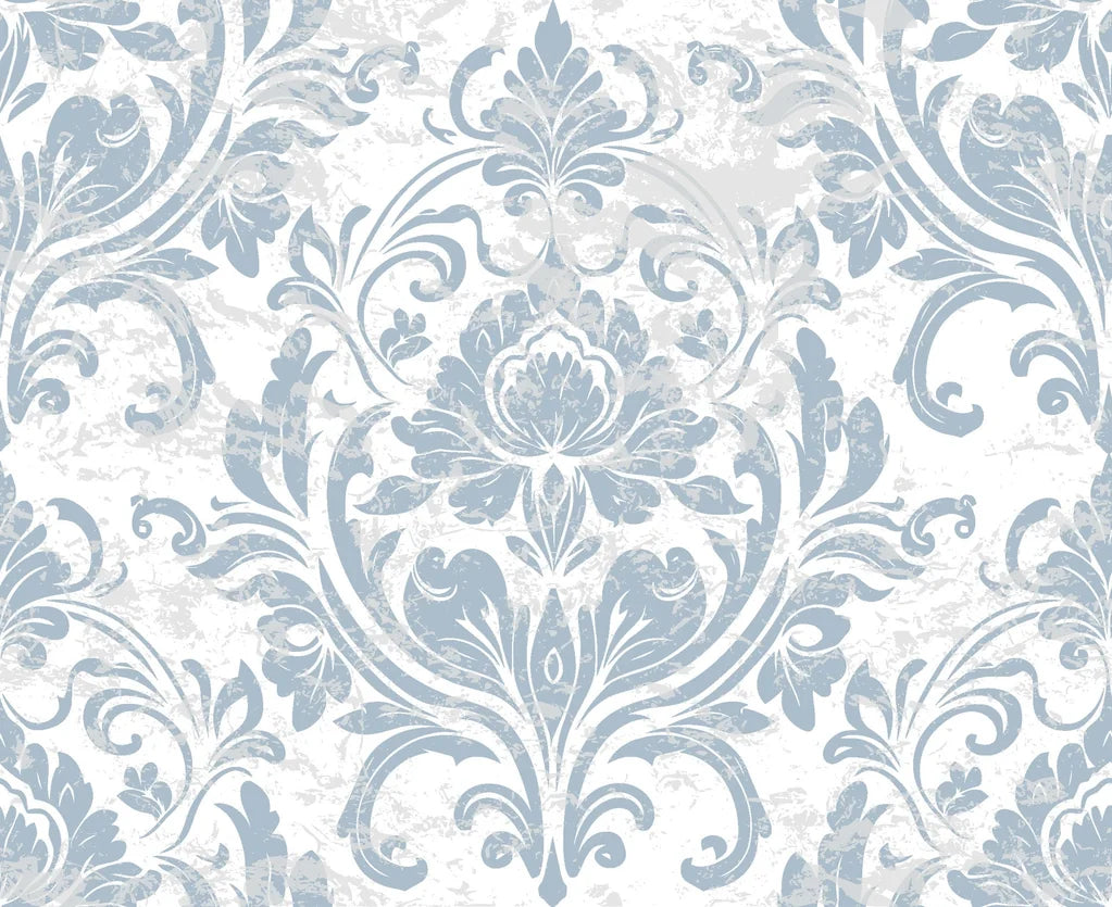 Vintage blue damask Honeyed Petal Mural wallpaper with distressed scrollwork on white background