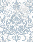 Vintage blue damask Honeyed Petal Mural wallpaper with distressed scrollwork on white background